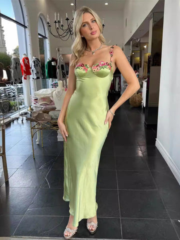 Summer New Green Flowers Embroidered Low-Breasted Sling Dress Women's Seaside Holiday Babes Ass Skirt